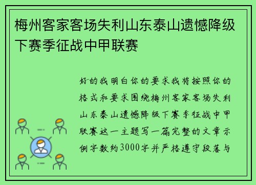 梅州客家客场失利山东泰山遗憾降级下赛季征战中甲联赛